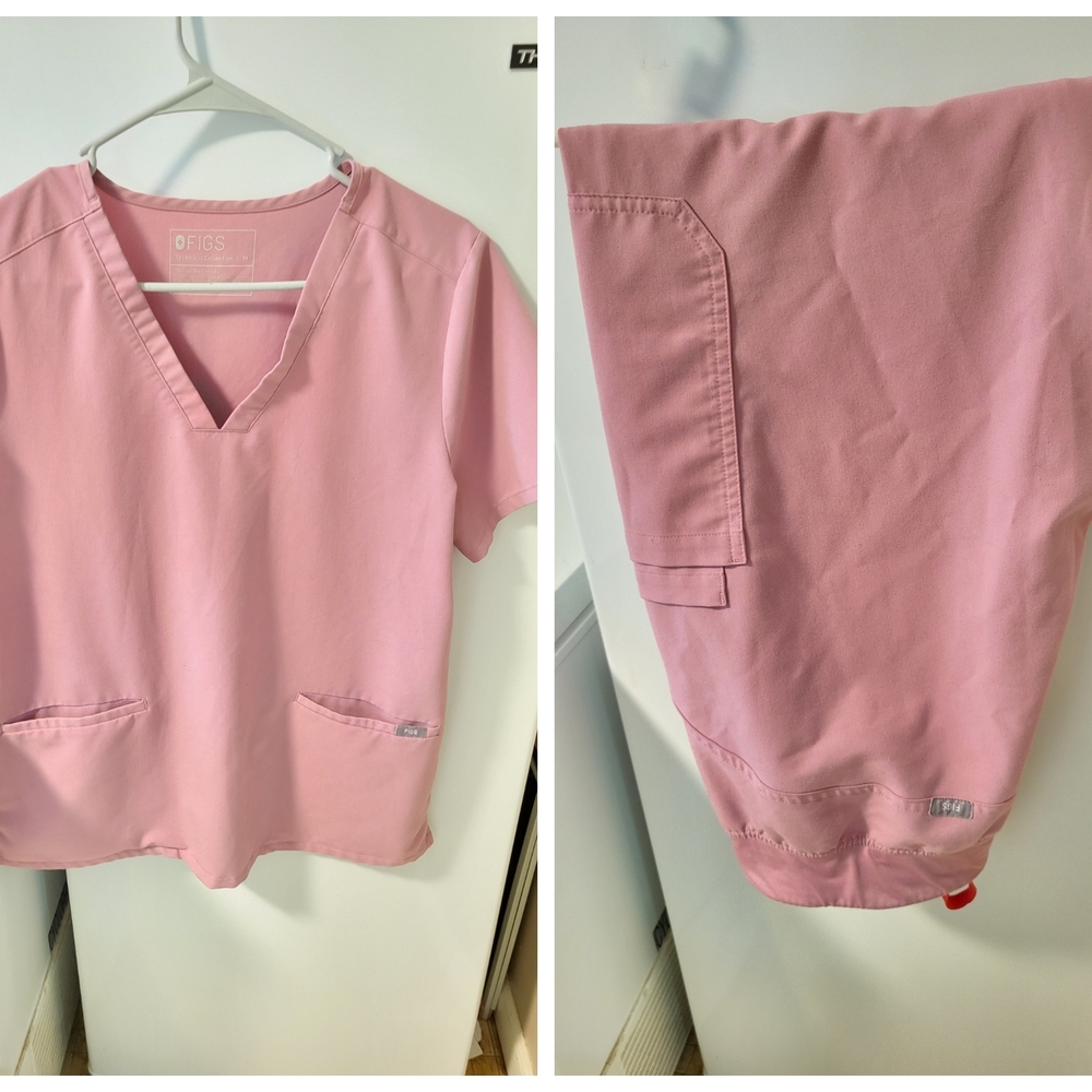 Figs Blush Pink V-Neck Scrub Top And Cargo Pants